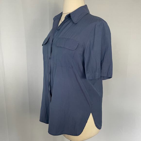 Vintage Casual Top Size XL Blue Solid Short Sleeve Button Pocket Minimal Relaxed - Picture 5 of 11